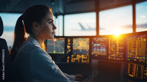 Female Pilot at Sunset in Control Room