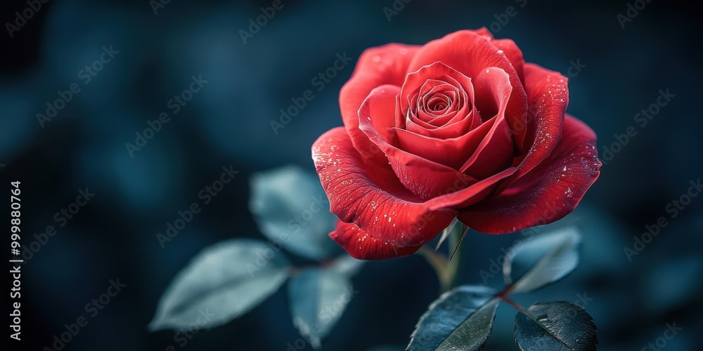 A Single Red Rose with Dew Drops, Captured Against a Deep Blue Background A Single Red Rose with Dew Drops, Captured Against a Deep Blue Background