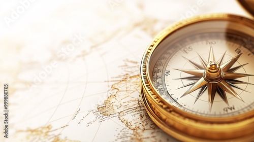 3D golden compass symbolizing guidance and the right direction for achieving success and life goals isolated on a white background Large space for text in center Stock Photo with copy space