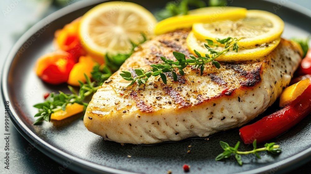 A beautifully plated fish steak garnished with fresh herbs, lemon slices, and a side of vibrant vegetables, showcasing the artistry of culinary presentation. A beautifully plated fish steak garnished with fresh herbs, lemon slices, and a side of vibrant vegetables, showcasing the artistry of culinary presentation.