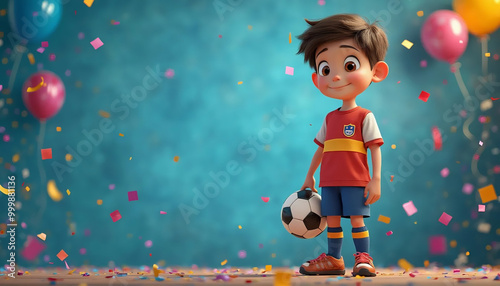 Aniversário. Ilustração de um menino sorridente com uniforme de futebol, cercado por balões e confetes coloridos, em um ambiente festivo e alegre. Festa de aniversário. Convite.