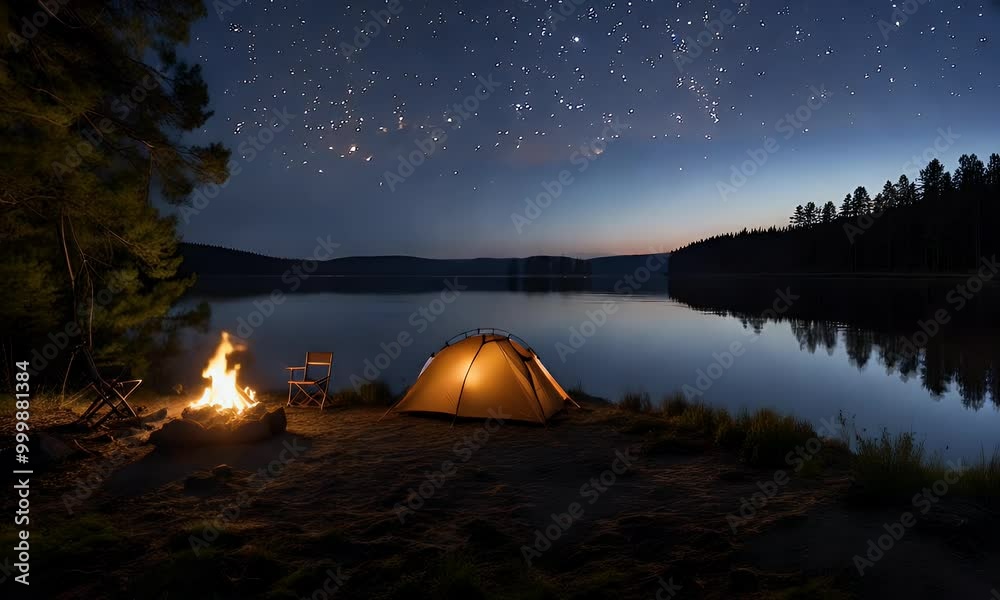 Under the serene forest sky, a tent by the lake glows in the warmth of a crackling campfire Under the serene forest sky, a tent by the lake glows in the warmth of a crackling campfire