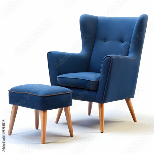 dark blue color armchair and small chair for legs on white background