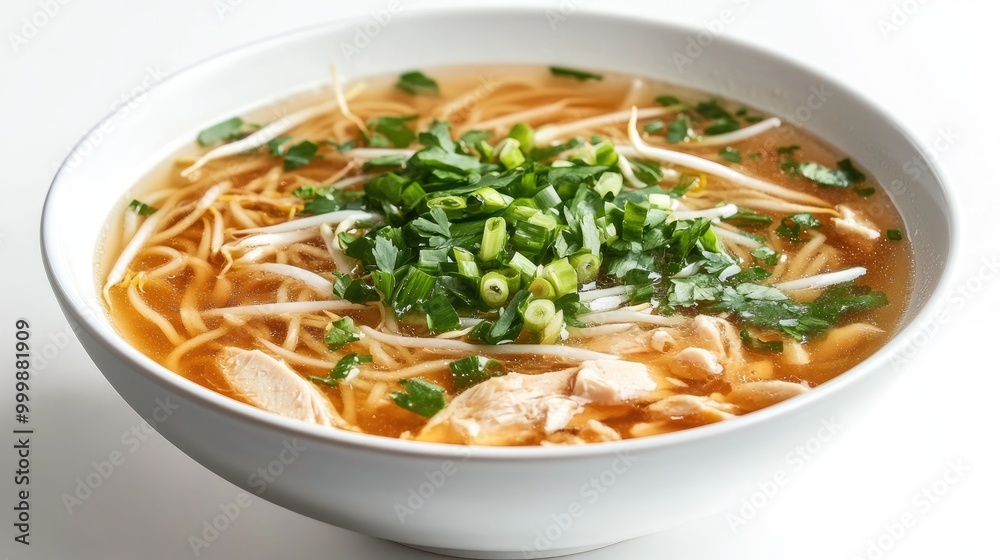 A bowl of clear broth noodle soup with chicken, green onions, and bean sprouts, presented against a white background for a clean and fresh aesthetic. A bowl of clear broth noodle soup with chicken, green onions, and bean sprouts, presented against a white background for a clean and fresh aesthetic.