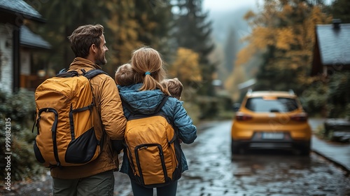 family with little children loading car and waiting for charging car before going on holiday