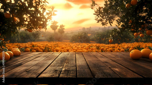 Wooden Table with Oranges a...