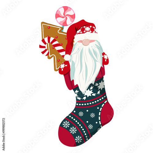 Christmas stocking with gnome in Santa costume and gingerbread in Scandinavian style isolated on white background. Vector illustration