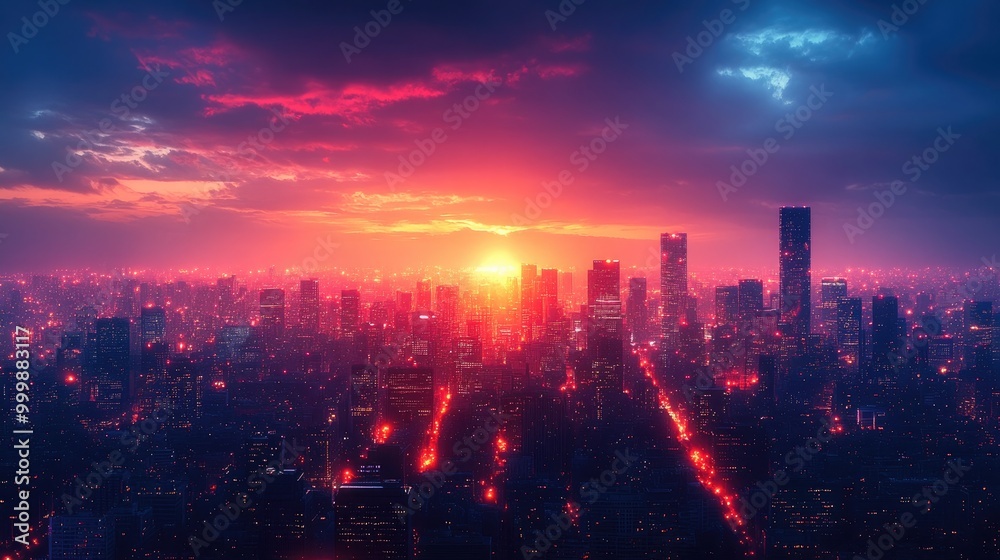 Fototapeta premium Glowing City Skyline at Night with Ample Space for Text or Design Use