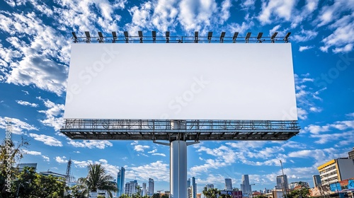 A blank billboard towering over the busy Silom Road in Bangkok with a mix of modern office buildings and colorful street vendors creating a dynamic urban backdrop Large space for text in center Stock