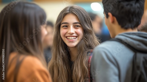A group of teenagers laugh together in a school hallway.