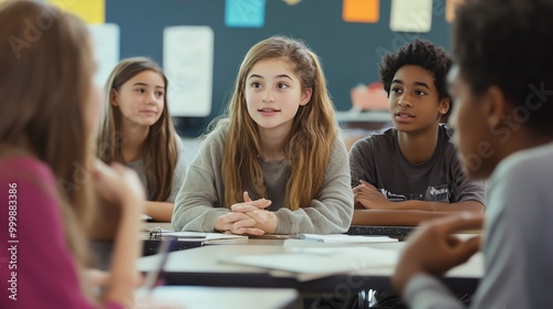 A group of high school students sitting at a table in a classroom, listening to their teacher.
