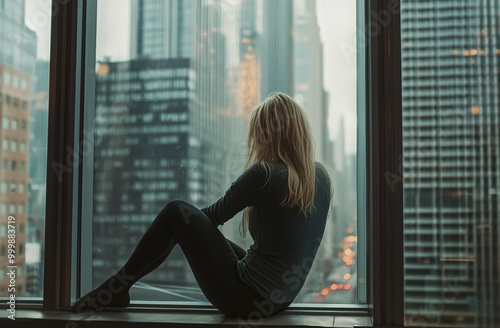 Woman sitting by a window overlooking the city skyline Free Download Woman sitting by a window overlooking the city skyline - GFXLoad