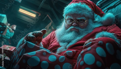 Funky Santa Claus in Polka Dot Suit Delivers Gifts with a Playful Twist, Christmas Fun Festive Holiday Cheer