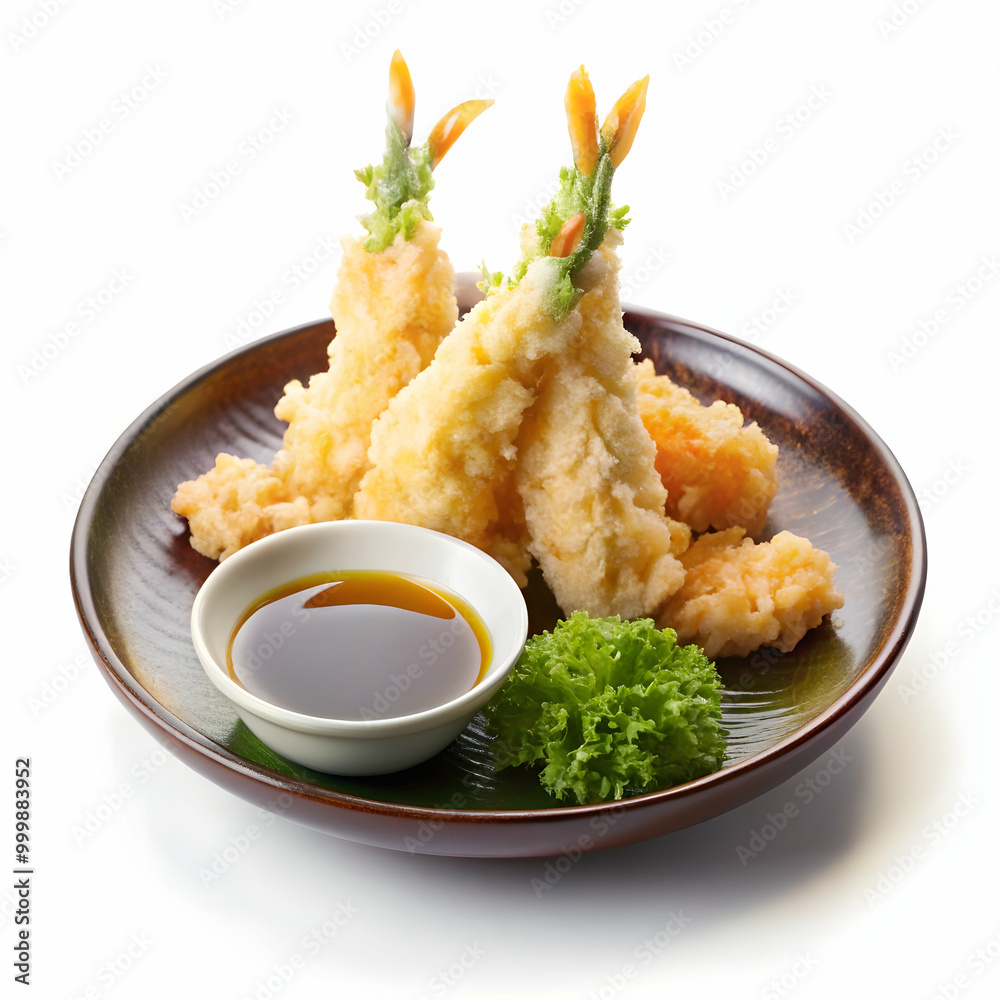 fresh Japanese tempura on plate with sauce isolate white background fresh Japanese tempura on plate with sauce isolate white background