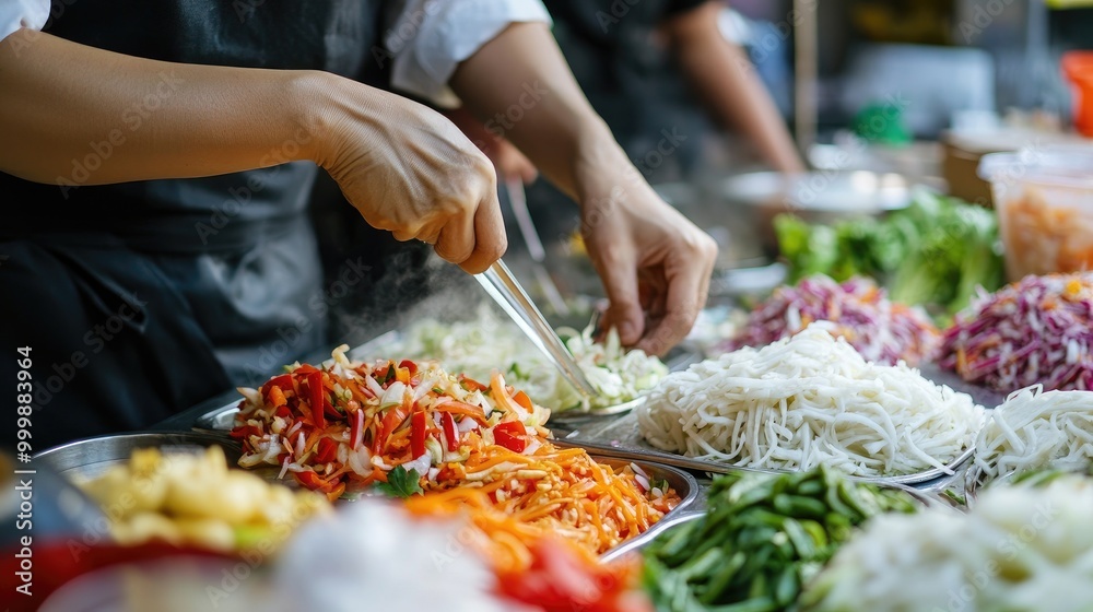 Obraz premium A chef skillfully preparing Som Tum at a street food stall, with fresh ingredients laid out, capturing the authentic atmosphere of Thai street food culture.