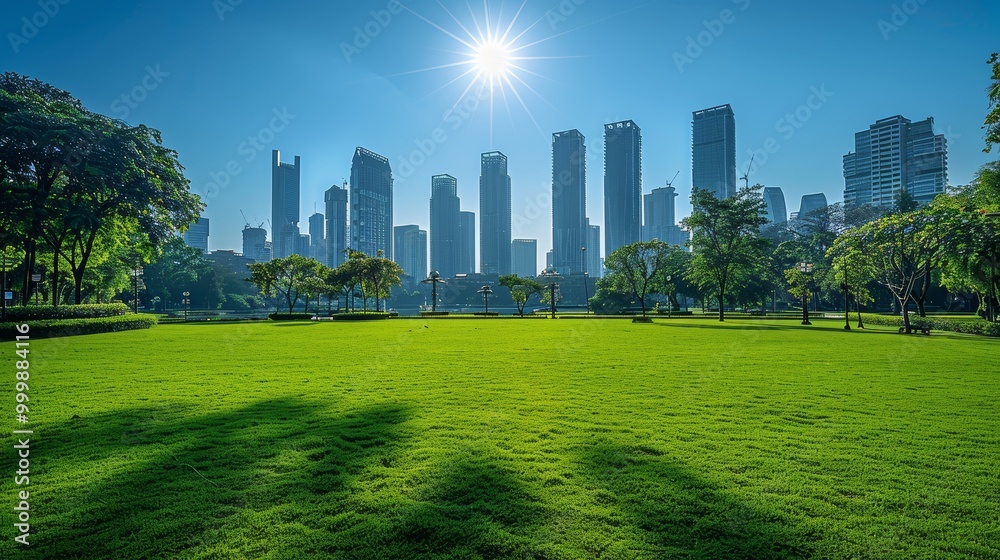 Fototapeta premium Jakarta Kuningan skyline with many office and apartment skyscraper buildings with nice green lawn park garden at the foreground and bright clear blue sky