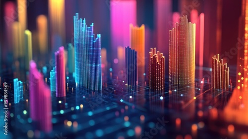 A close-up of a 3D scatter plot representing various data points, with a focus on different colors and shapes to distinguish between categories.