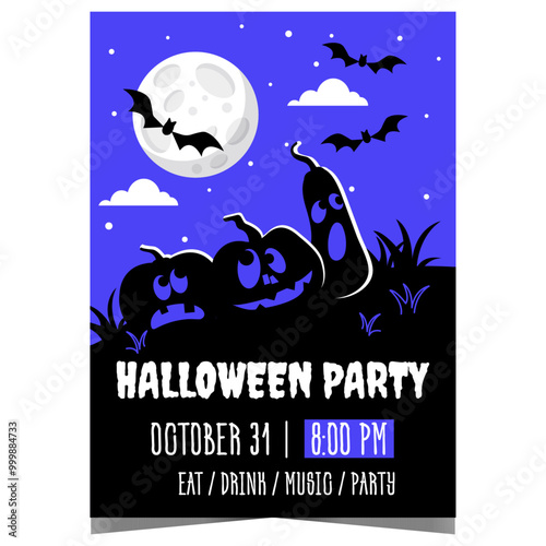 Halloween party scary poster with creepy pumpkins and flying bats against a full moon in the midnight darkness. Ready for web or to print vector banner or invitation to celebrate the All Saints' Day.