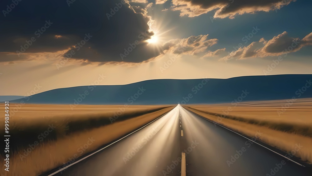 Naklejka premium Driving through arid wilderness, the calm afterglow of sunset inspires a journey into solitude