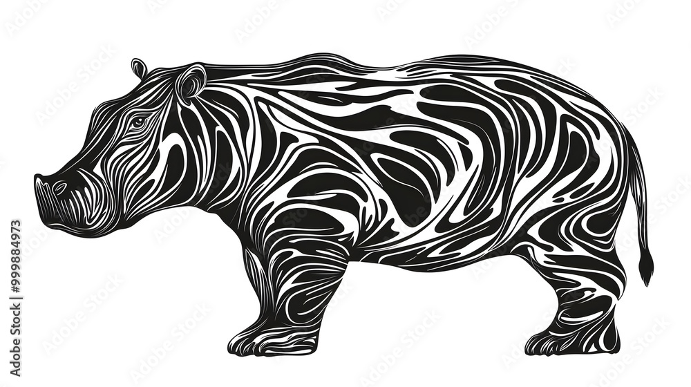 A stylized black and white illustration of a hippopotamus, featuring intricate patterns that mimic zebra stripes.