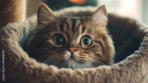 A close-up of a chubby cat with fluffy fur and bright eyes peeking out from a cozy cat bed, radiating charm and inviting affection from viewers.