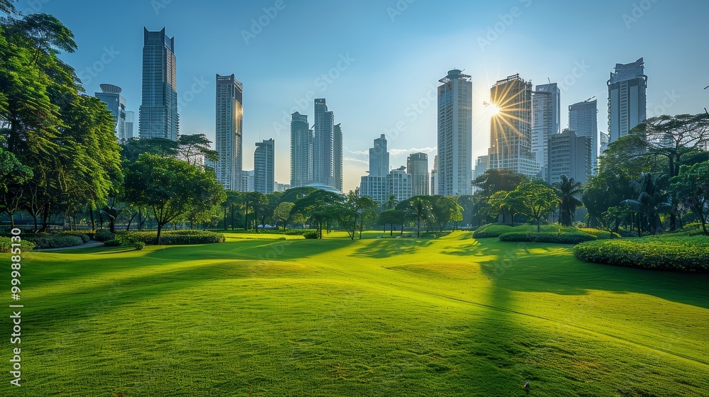 Obraz premium Jakarta Kuningan skyline with many office and apartment skyscraper buildings with nice green lawn park garden at the foreground and bright clear blue sky