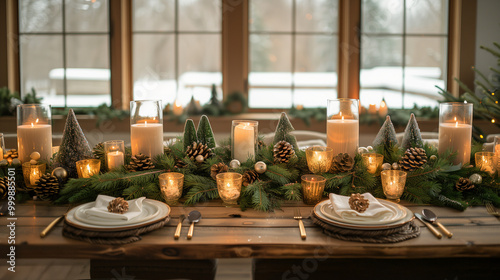 Rustic Christmas dinner table setup with natural wooden elements, pine branches, candles, and homemade ornaments. Warm, cozy atmosphere with soft lighting and traditional holiday decorations.