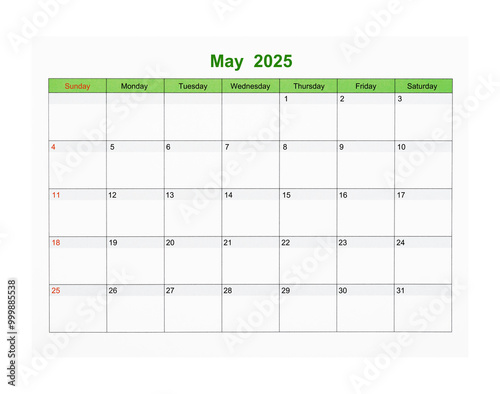 May 2025 Calendar page for 2025 year isolated on white, Save clipping path.