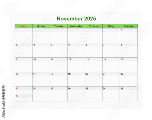 November 2025 Calendar page for 2025 year isolated on white, Save clipping path.