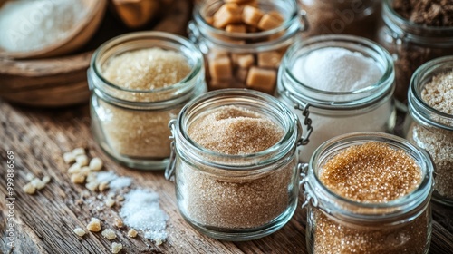 A close-up of different types of sugar in elegant glass jars, including brown sugar, white granulated sugar, and powdered sugar, arranged on a rustic wooden table.