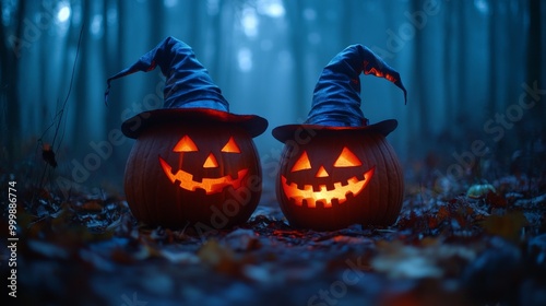 Glowing Jack-o'-Lanterns with Witch Hats in a Spooky Halloween Forest