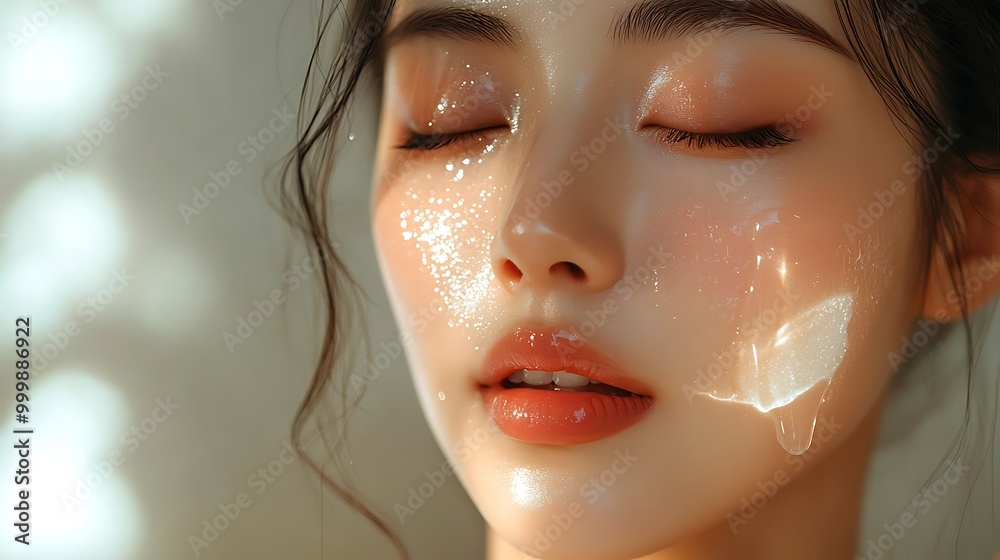 A close-up of an Asian woman gently applying a cooling gel to her face, her smooth skin glowing under soft natural light, droplets of the gel reflecting light, A close-up of an Asian woman gently applying a cooling gel to her face, her smooth skin glowing under soft natural light, droplets of the gel reflecting light,