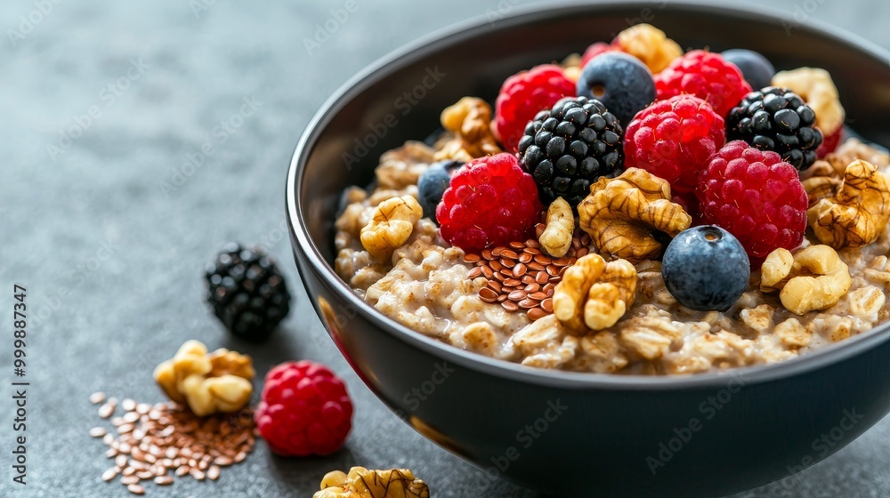 Healthy oatmeal bowl topped with fresh berries and nuts.