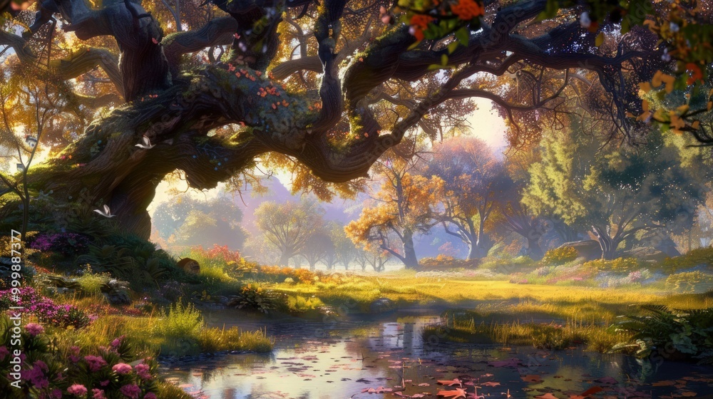 Fototapeta premium Enchanted Autumn Forest with a Serene Creek