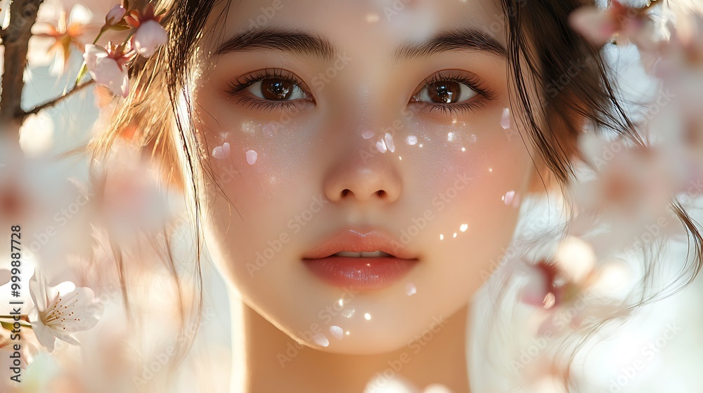 A close-up shot of an Asian woman’s face, framed by soft cherry blossom petals, her skin glowing with natural radiance, gentle sunlight illuminating the scene, A close-up shot of an Asian woman’s face, framed by soft cherry blossom petals, her skin glowing with natural radiance, gentle sunlight illuminating the scene,
