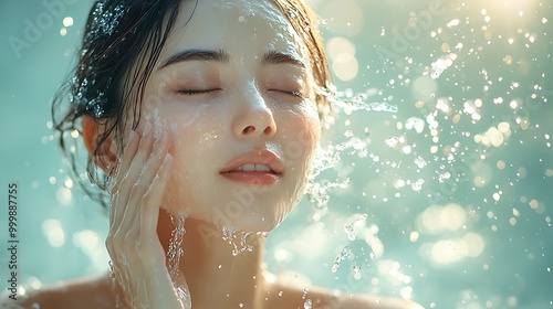 A dynamic shot of an Asian woman splashing her face with water, droplets suspended in the air, her skin glowing with hydration, sunlight reflecting off the water,