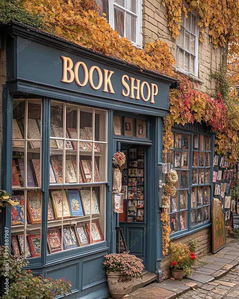 charming autumn scene featuring quaint book shop adorned with vibrant fall leaves. inviting storefront showcases variety of books and art, creating cozy atmosphere charming autumn scene featuring quaint book shop adorned with vibrant fall leaves. inviting storefront showcases variety of books and art, creating cozy atmosphere