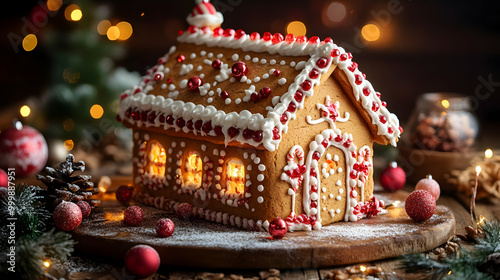 Gingerbread House with Lights and Decorations for Christmas