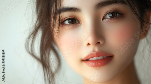 A peaceful close-up shot of an Asian woman’s cheek, the smooth and soft texture of her skin glowing under soft natural light, lightweight moisturizer adding a radiant glow,