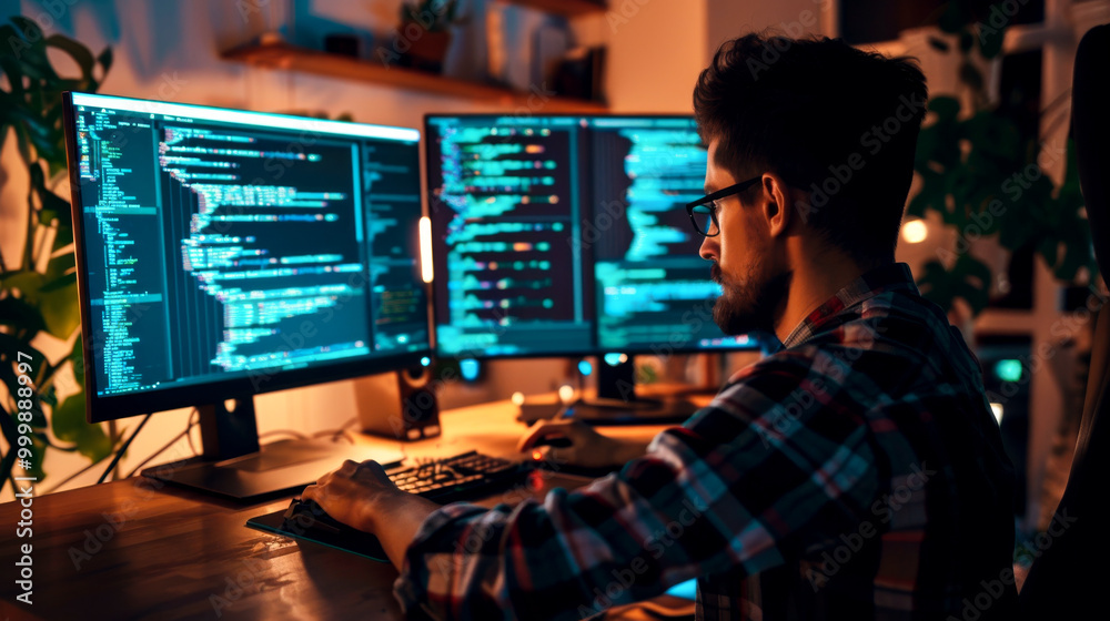 software developer coding late at night, focused on multiple screens displaying lines of code. ambient lighting creates productive atmosphere, enhancing concentration and creativity software developer coding late at night, focused on multiple screens displaying lines of code. ambient lighting creates productive atmosphere, enhancing concentration and creativity