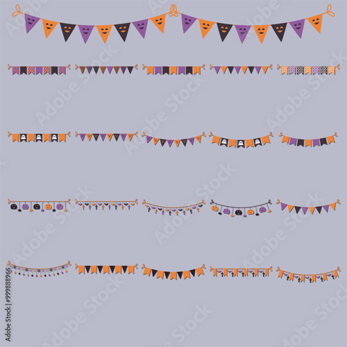 Cartoon halloween pennant banner and flags set. Different shapes orange pennant banner string isolated on white background. Colourful garland for the Halloween. Vector illustration.
