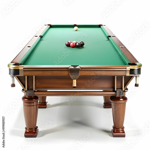 A wooden billiards table with green felt holds six pool balls isolated on white background