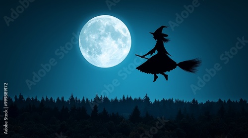 Silhouette of a witch flying on a broomstick against a full moon.