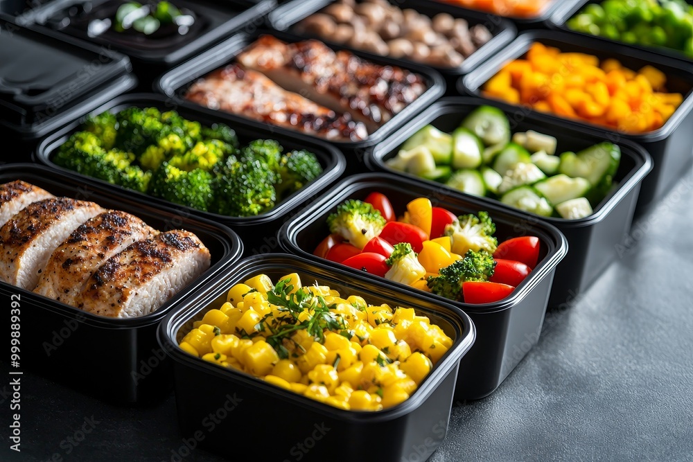 Assorted meal prep containers with healthy food options, colorful and nutritious. Assorted meal prep containers with healthy food options, colorful and nutritious.
