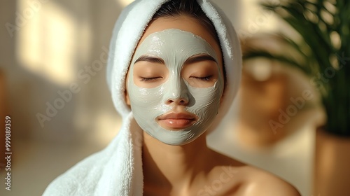 A peaceful spa moment with an Asian woman indulging in a facial mask treatment, her hair wrapped in a towel, relaxing in a minimalist spa setting, natural light casting soft shadows,