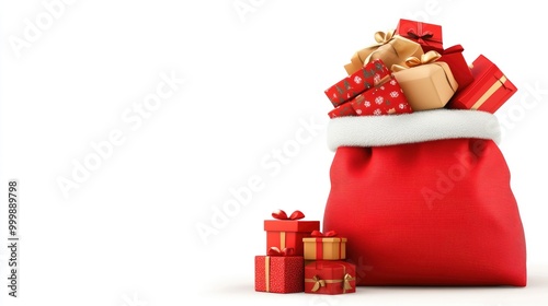 A cheerful Santa bag overflowing with colorful gifts ready to spread holiday joy against a festive white backdrop photo