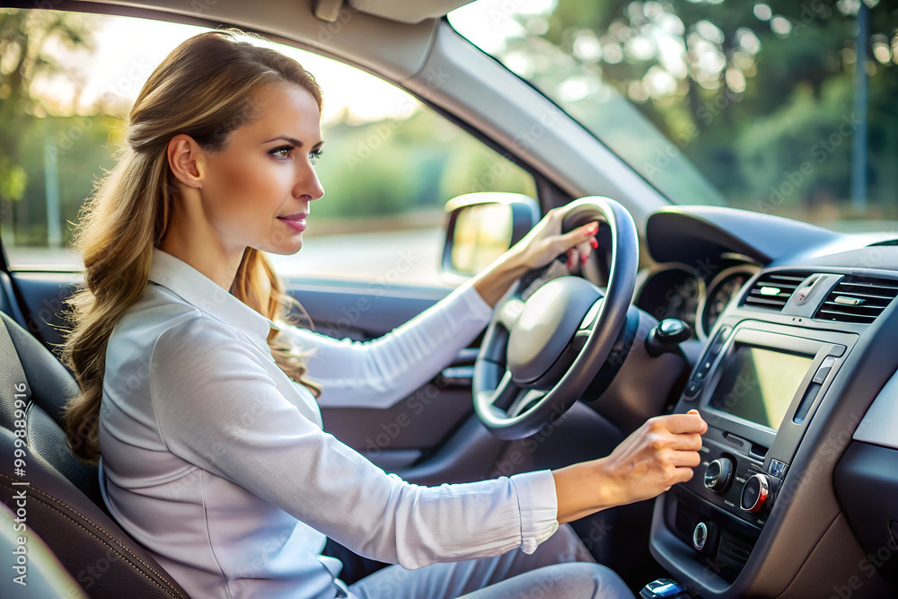 Naklejka premium woman driving car and pushing button on dashboard.