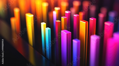 A colorful 3D bar graph displaying data trends with vibrant segments, set against a sleek black background, emphasizing modern data visualization techniques.