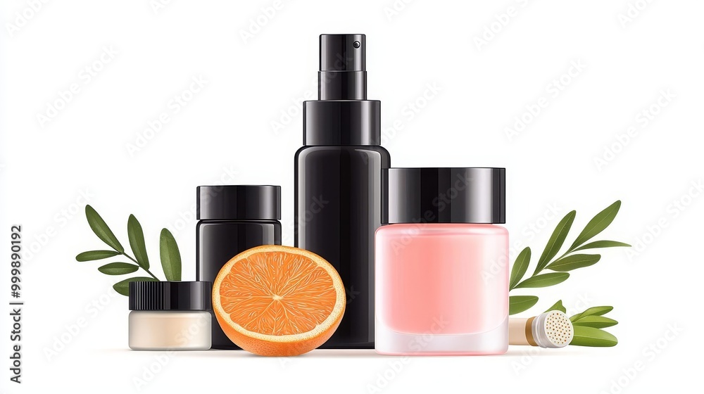 Cosmetic products with orange and leaves, white isolated background. Cosmetic products with orange and leaves, white isolated background.