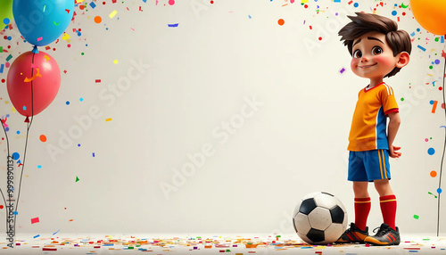 Aniversário. Ilustração de um menino sorridente em uniforme de futebol, ao lado de uma bola, cercado por balões e confetes coloridos em um ambiente festivo. Festa de aniversário. Convite.